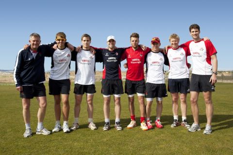 From Left to Right-Gary Yates (LCCC Assistant Coach), Tom Baily, Luis Reece, Stephen Moore, Arron Lilley, Steven Croft, Glen Chapple(Captain), Sam Bryne (LCCC Physio)