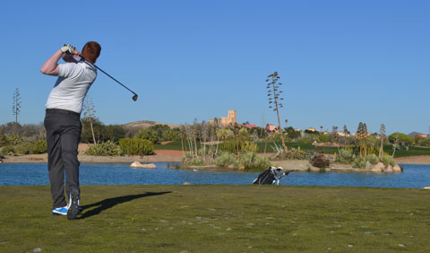 A Darren Clarke Golf School student plays their tee shot into Hole 14 “Tiburon” on the Indiana course at Desert Springs.