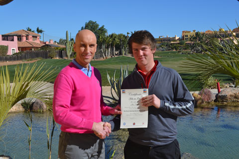 Seventeen-year-old Hartpury College Golf Academy Student Alex Chalk (Right) receiving his certificate for his ?Hole-In-One- On Hole number 2 ? ?Gulch? on The Indiana Course